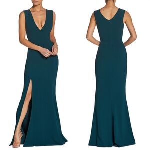 NEW DRESS THE POPULATION Pine SANDRA Plunge Neck CREPE Trumpet EVENING GOWN